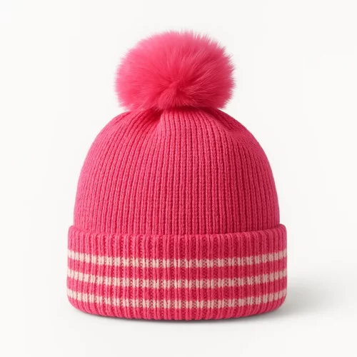 Gorro infantil con rayas y peluche y pompon de piel